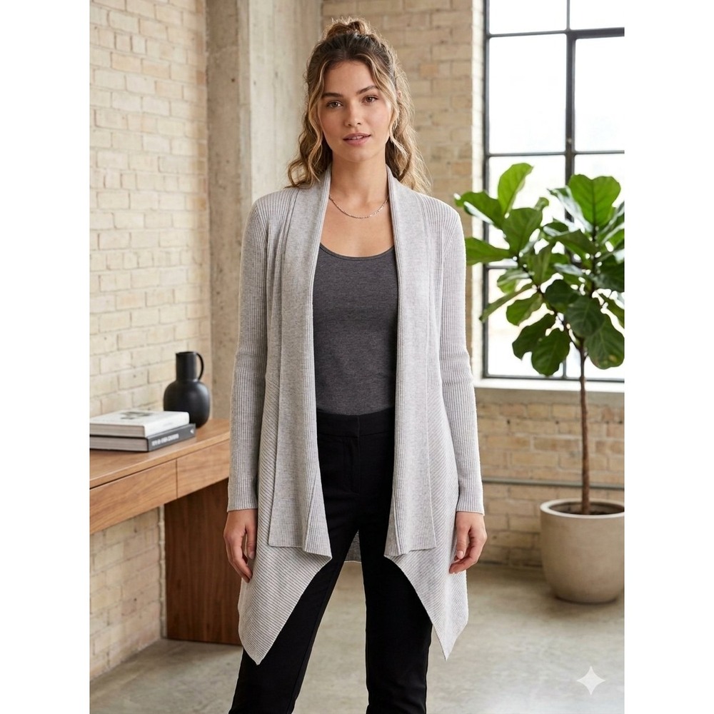 Carmen Marc Valvo Cardigan Women Size S Gray Ribbed Open Front Waterfall Knit